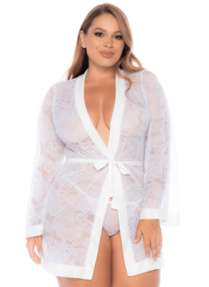 Peignoir grande taille en dentelle blanche - MAL7611XWHT